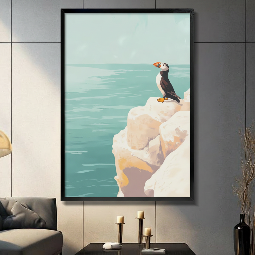 Vintage-style Atlantic puffin standing on white sea cliff framed wall art - teal ocean canvas print for modern living room decor