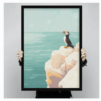 Hands holding large framed Atlantic puffin sea cliff canvas print - full artwork detail of vintage-style coastal bird illustration with teal ocean