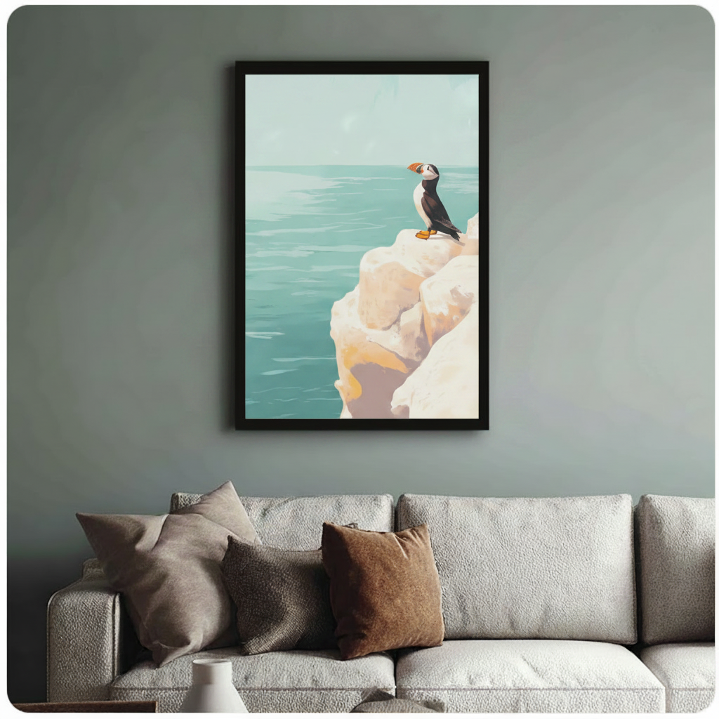 Atlantic puffin cliff framed art print above linen sofa on sage grey wall - coastal bird canvas wall decor with soft teal and cream palette