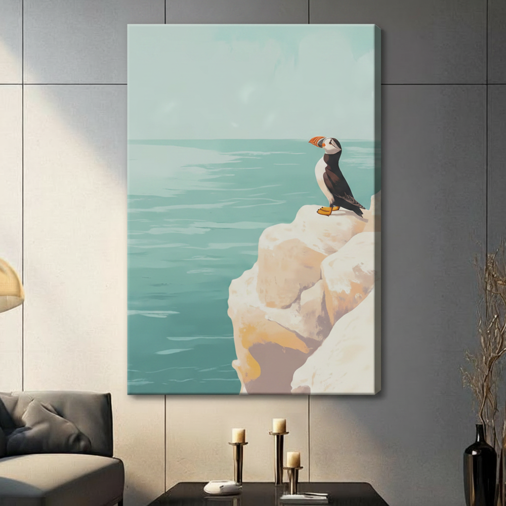 Unframed puffin on sea cliff canvas print with mint teal ocean background - retro travel poster style bird wall art for contemporary home decor