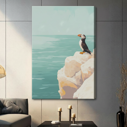 Unframed puffin on sea cliff canvas print with mint teal ocean background - retro travel poster style bird wall art for contemporary home decor