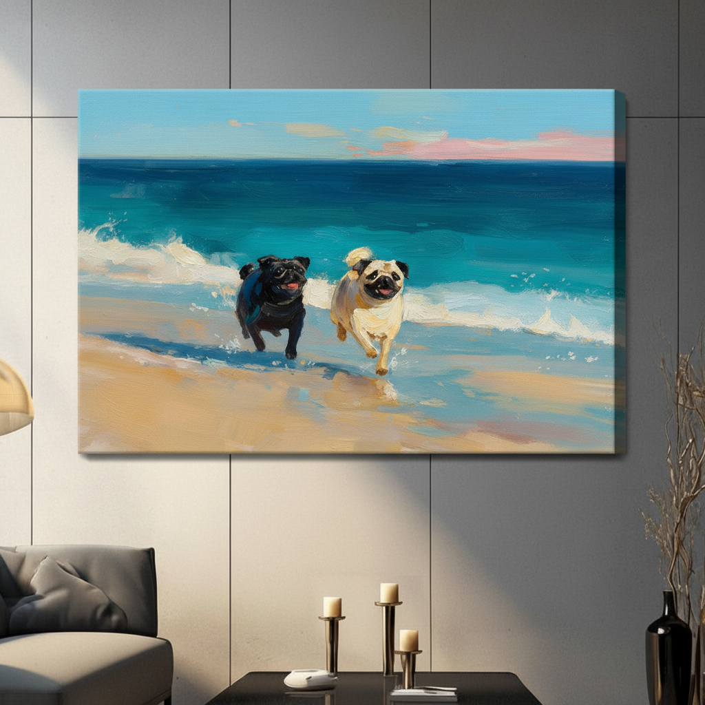 Gallery wrap stretched canvas of a happy black pug and a smiling fawn pug sprinting together along a golden sandy beach with crashing turquoise waves and a pastel pink horizon painted in thick impressionist brushstrokes hung frameless on a gray wall