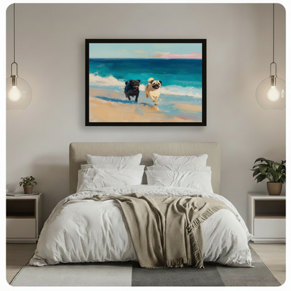 Black framed joyful black and fawn pug dogs running on a bright coastal beach with turquoise waves and pink sunset sky impressionist canvas wall art hung above a beige upholstered bed with white linen bedding in a soft minimalist bedroom with glass pendant lights