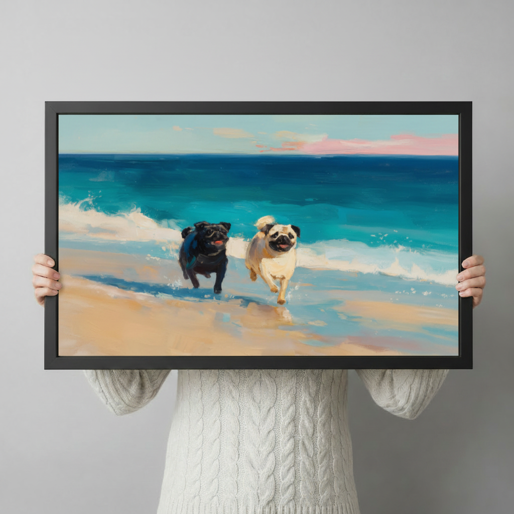 Person in white knit sweater holding a large black framed coastal pug duo running on a sunny beach with turquoise ocean and pink clouds impressionist oil painting canvas art print, front-facing horizontal product size display