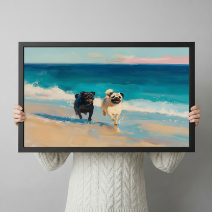 Person in white knit sweater holding a large black framed coastal pug duo running on a sunny beach with turquoise ocean and pink clouds impressionist oil painting canvas art print, front-facing horizontal product size display