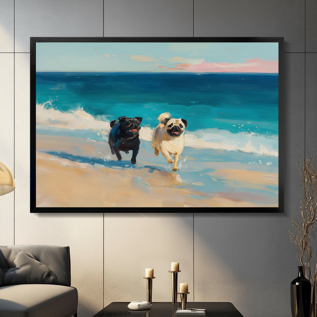Black framed coastal black and fawn pug dogs running joyfully on a sunny beach with turquoise ocean waves and pink sky impressionist oil painting canvas wall art displayed in a modern gray living room with dark sofa and metal candlestick holders