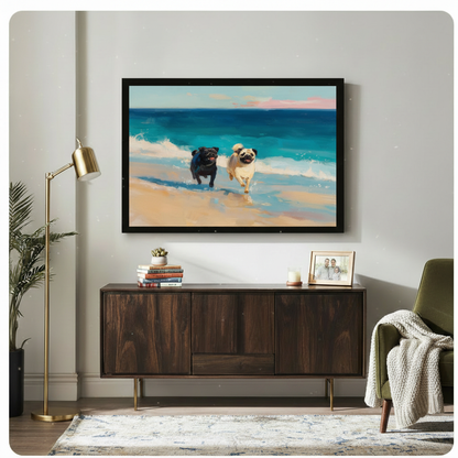 Black framed cheerful coastal pug duo beach run oil painting canvas art with vivid teal ocean waves golden sand and pink clouds hung on a light gray wall above a dark walnut sideboard with stacked books succulent and gold floor lamp in a modern living room