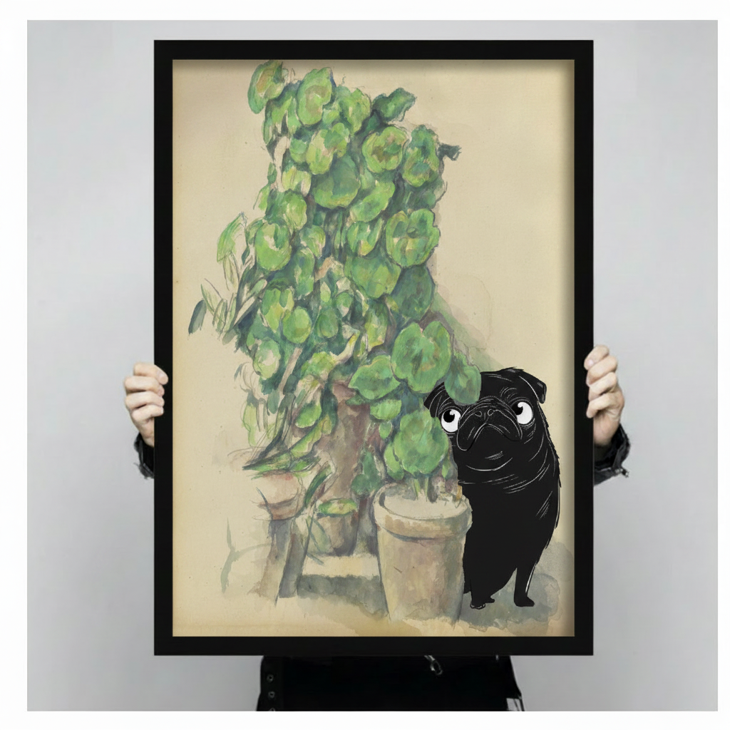 The figure holds a pug-themed wall painting on a stretched canvas—a charming decorative piece for dog lovers, suitable for various interior design styles.