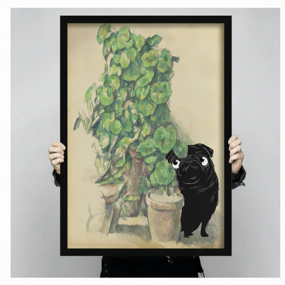 The figure holds a pug-themed wall painting on a stretched canvas—a charming decorative piece for dog lovers, suitable for various interior design styles.