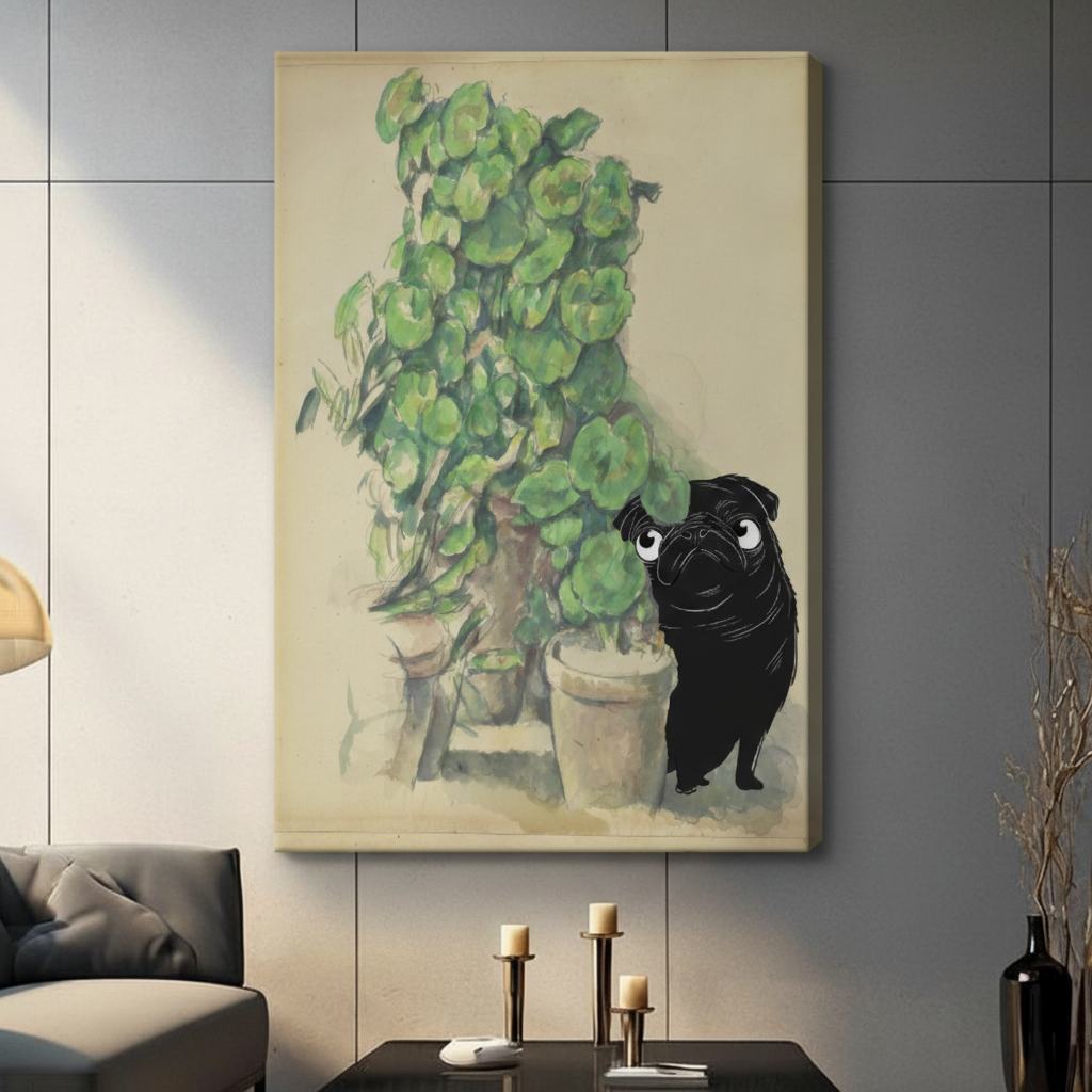 Pug and geranium watercolor canvas print above entryway console — botanical pet wall art for American home decor
