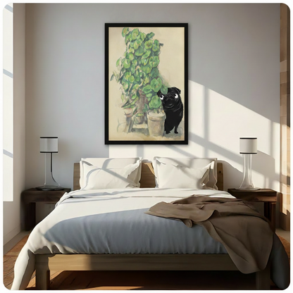 Watercolor and framed painting of a pug and plants - a vertical wall art piece suitable for any room.