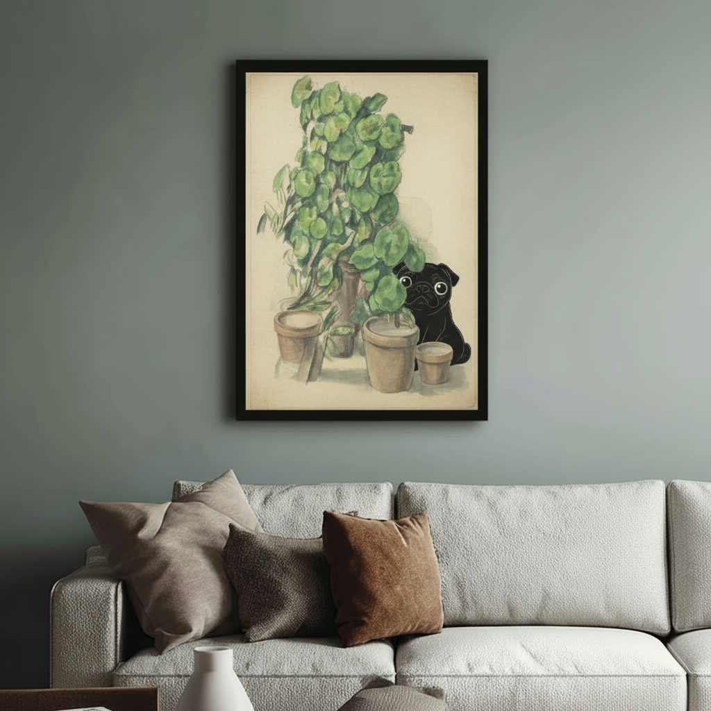 Framed pug and botanical canvas print displayed in modern American living room — eclectic pet lover home decor