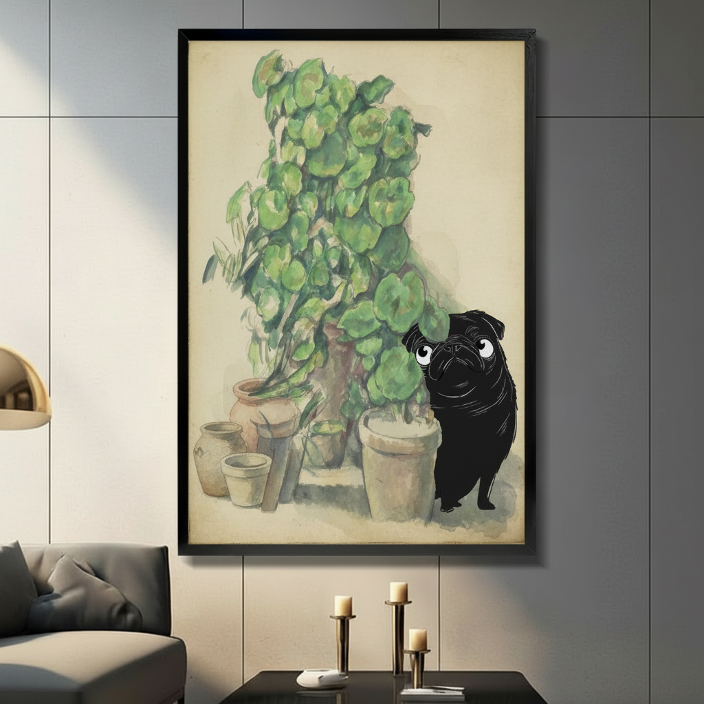 lack pug standing beside lush watercolor geranium plants in terracotta pots — premium botanical dog canvas wall art