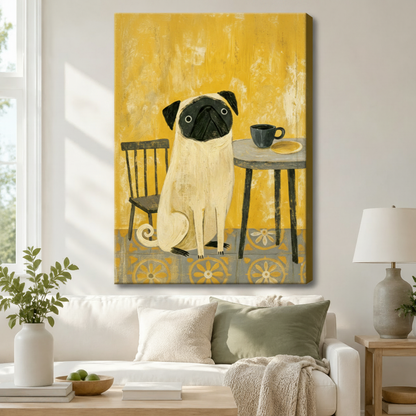 Gallery wrapped canvas print of a charming pug sitting beside a coffee cup on a yellow textured background, hung above a white linen sofa in a Scandinavian living room