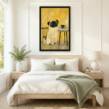 Whimsical pug dog with coffee cup framed canvas art above a neutral linen bed, adding a warm mustard yellow accent to a minimalist Scandinavian bedroom