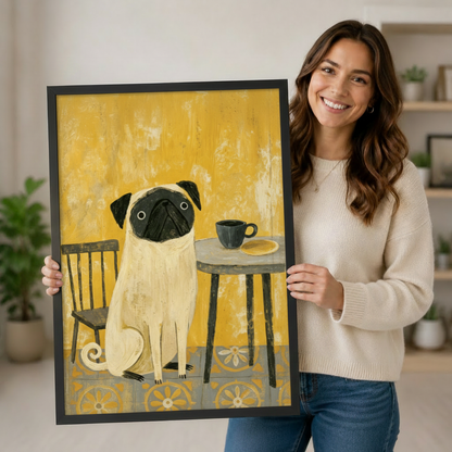 Smiling woman holding a large framed pug dog canvas art print with yellow background, showing size and print quality for premium wall art