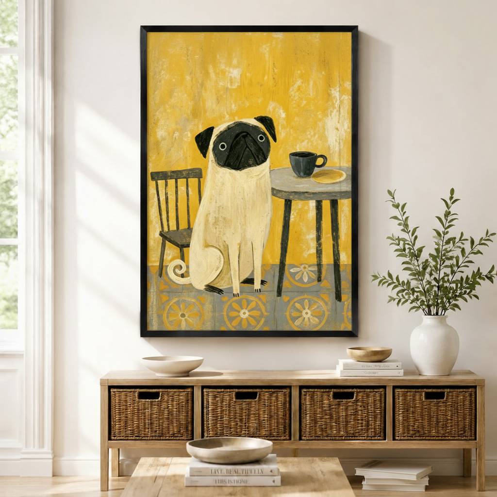 Framed pug dog canvas wall art with yellow background and coffee cup, displayed above a rattan console table in a bright neutral entryway