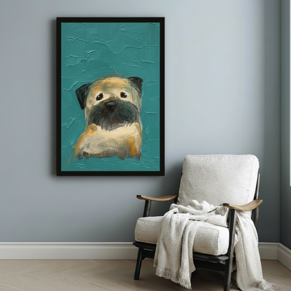 Black-framed pug portrait wall art with rich teal background and textured oil paint finish, styled on a soft blue-grey wall beside a white linen armchair