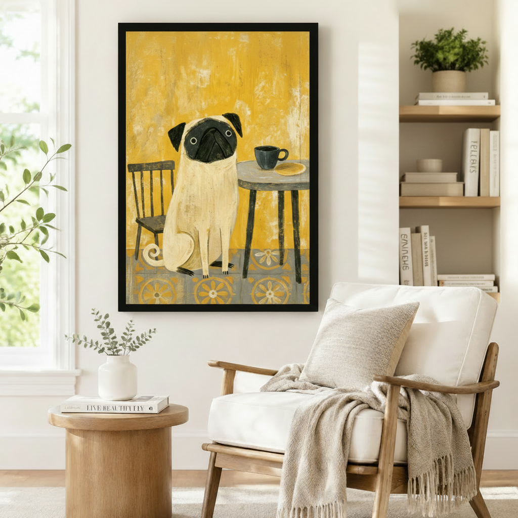 Folk art style framed pug dog wall art print with mustard yellow background and floral tile floor, styled beside a linen armchair in a cozy reading nook