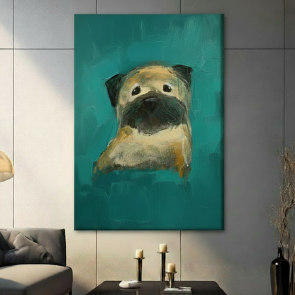 Unframed canvas print of an expressive pug face painted in loose oil brushstrokes on a vibrant teal background, hung on a light wall in a contemporary grey living room