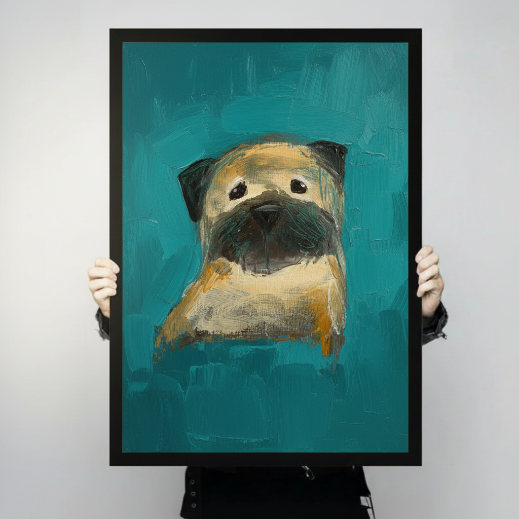 Close-up size reference of a black-framed expressive pug dog oil painting print on a teal background with visible brushstroke detail, held by two hands
