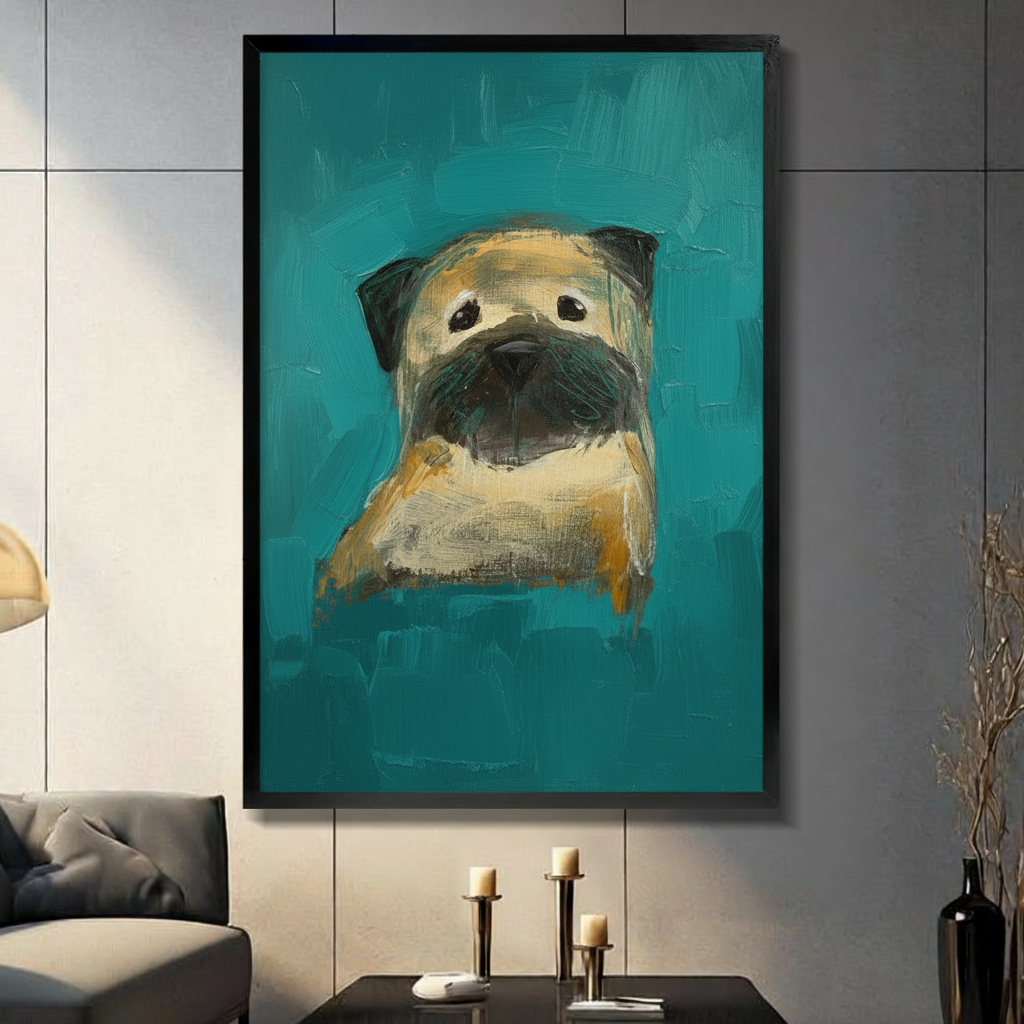Framed expressive oil painting wall art of a pug dog portrait on a bold teal background with thick brushstroke texture, displayed in a modern dark grey living room above a console table