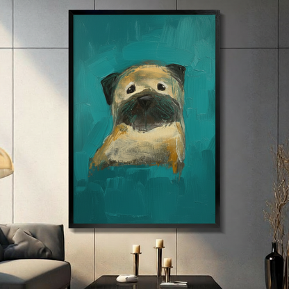 Framed expressive oil painting wall art of a pug dog portrait on a bold teal background with thick brushstroke texture, displayed in a modern dark grey living room above a console table
