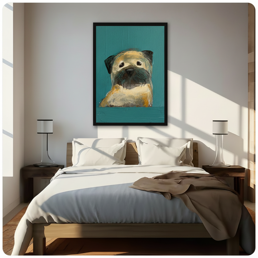Framed pug dog portrait wall art with bold teal background and expressive oil painting style, hung above a wooden bed in a bright sunlit minimalist bedroom
