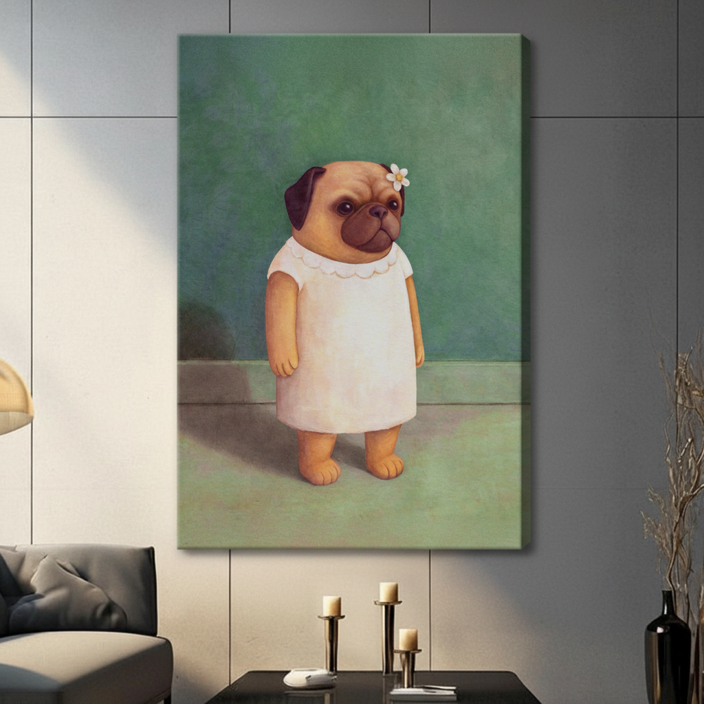 Gallery wrap stretched canvas of a chubby pug wearing a white scallop collar dress and white daisy hair accessory standing upright with a melancholy expression on a muted sage green background hung frameless on a gray wall above a dark sofa
