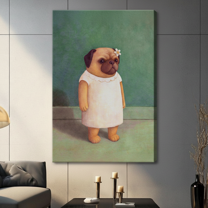 Gallery wrap stretched canvas of a chubby pug wearing a white scallop collar dress and white daisy hair accessory standing upright with a melancholy expression on a muted sage green background hung frameless on a gray wall above a dark sofa