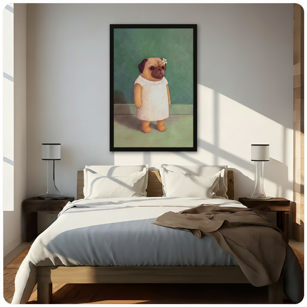 Black framed adorable pug dog in white ruffle collar dress with white daisy hair accessory vintage portrait canvas wall art on sage green background hung above a dark wood bed with white and beige linen bedding in a sunlit minimalist bedroom
