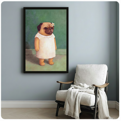 Black framed whimsical pug dog portrait in white ruffle dress and daisy flower hair clip classical oil painting canvas print with sage green background hung on a soft blue-gray wall beside a white upholstered wood lounge chair with cream throw