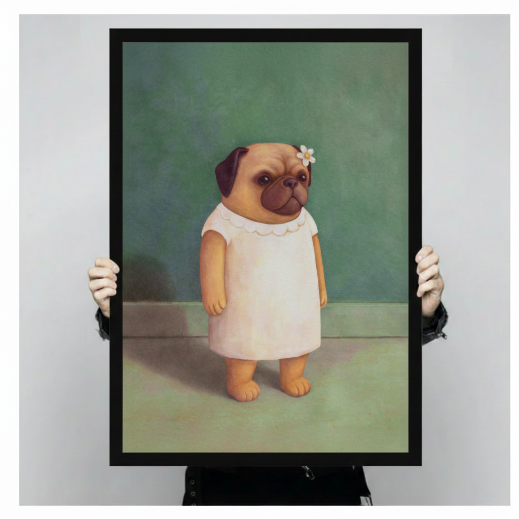 Two gloved hands holding a large black framed cute pug in white dress with daisy hair clip vintage portrait oil painting canvas art print on sage green background, front-facing vertical product size display against a neutral gray backdrop