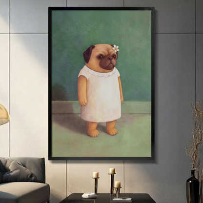 Black framed vintage pug dog in white ruffle dress with daisy hair clip portrait oil painting canvas wall art on sage green background displayed in a modern gray living room with dark sofa black coffee table and gold candlestick holders
