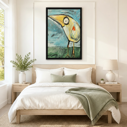 Whimsical big beak bird wall art in black frame hanging above neutral linen king bed with wooden nightstands and sage green throw in minimalist American bedroom
