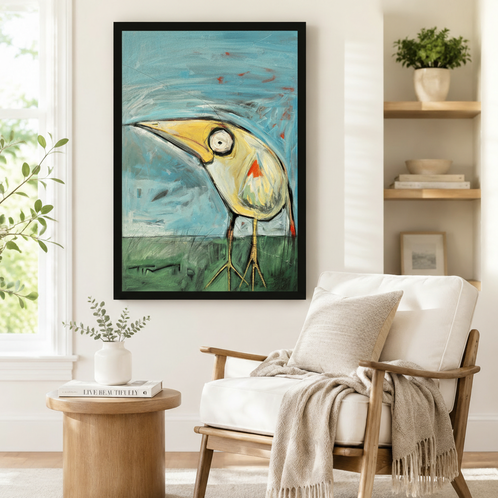 Black framed whimsical big beak bird wall art print on teal and green background beside white linen accent chair and round side table in Scandinavian reading nook