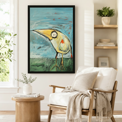 Black framed whimsical big beak bird wall art print on teal and green background beside white linen accent chair and round side table in Scandinavian reading nook
