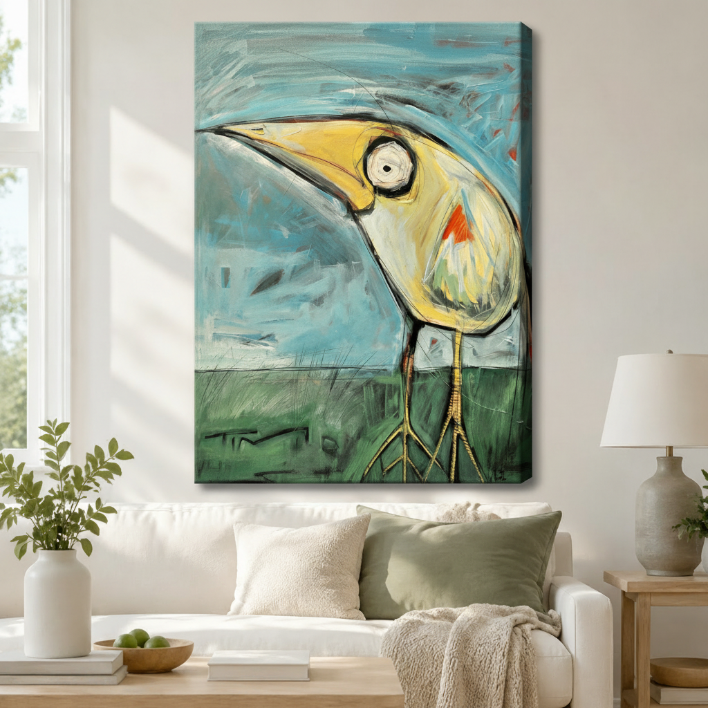 Gallery wrap canvas of whimsical large beak yellow bird on teal sky background hanging above white sofa with sage throw pillows in cozy living room