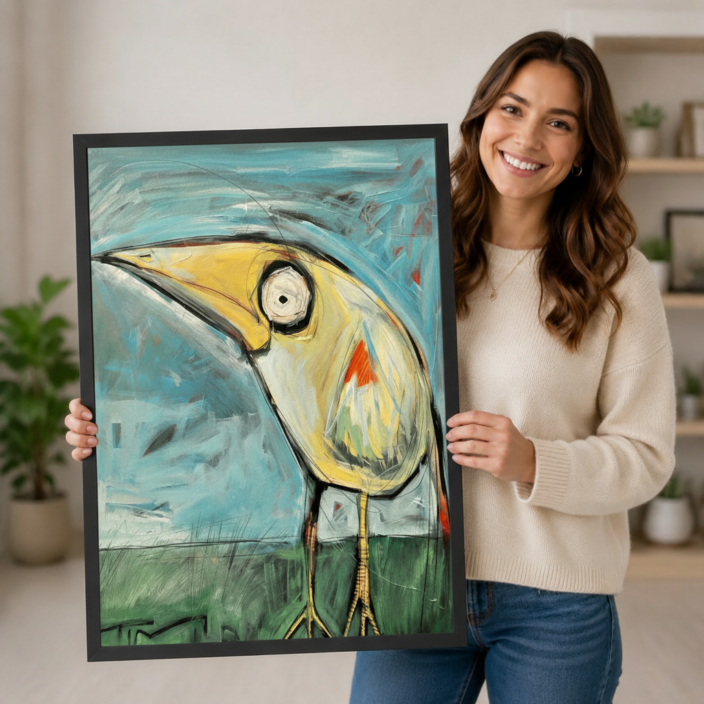 Smiling woman holding large black framed quirky big beak yellow bird art print on teal sky background in bright home interior lifestyle photo