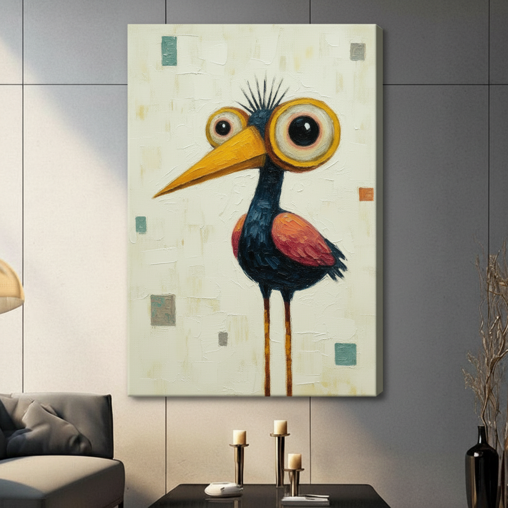 Gallery wrap canvas of an expressive oversized-eye bird with textured brushwork and scattered color blocks, hung in a contemporary space