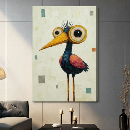 Gallery wrap canvas of an expressive oversized-eye bird with textured brushwork and scattered color blocks, hung in a contemporary space