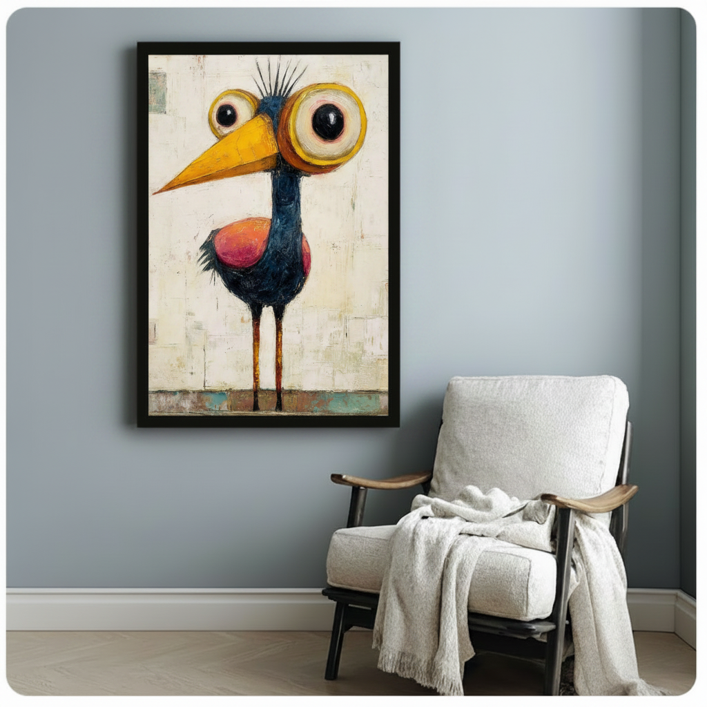 Framed quirky big-eyed bird with yellow beak wall art beside wooden accent chair with linen throw - whimsical expressionist bird canvas print with navy feathers pink chest and spiky head crest for eclectic reading nook