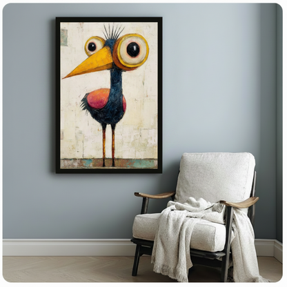 Framed quirky big-eyed bird with yellow beak wall art beside wooden accent chair with linen throw - whimsical expressionist bird canvas print with navy feathers pink chest and spiky head crest for eclectic reading nook