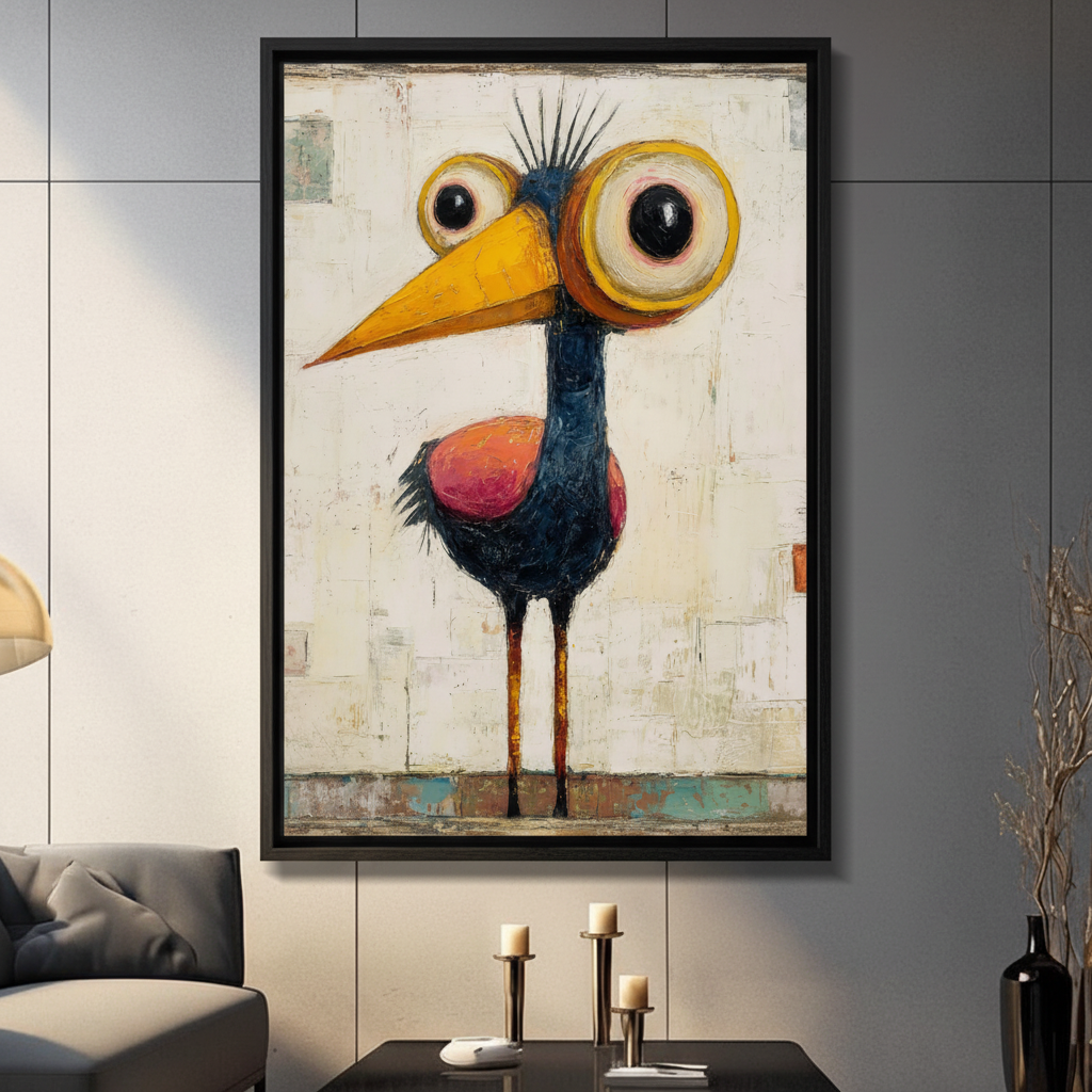 Quirky big-eyed bird with yellow beak and navy blue feathers framed wall art - humorous expressionist oil painting canvas print with vintage cream textured background and pink chest for living room decor