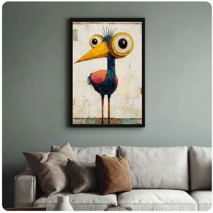 Quirky big-eyed bird framed art print above cream bouclé sofa on sage grey wall - funny expressionist bird canvas wall decor with bold yellow beak oversized black eyes and vintage cream palette