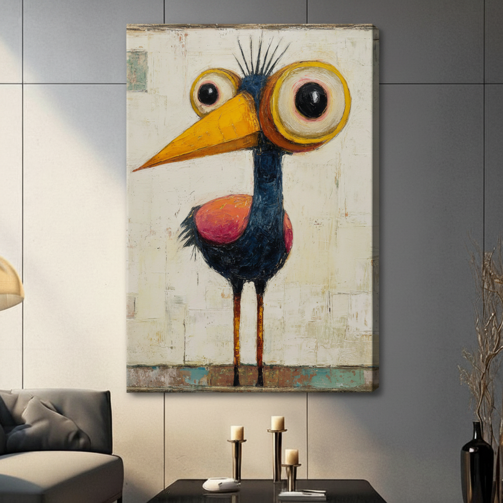 Unframed quirky big-eyed bird with oversized yellow beak navy plumage and spiky crest canvas print - bold expressionist bird wall art with aged cream textured background and long orange legs for contemporary home decor
