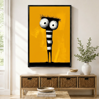 Framed whimsical wall art print of a tall quirky black-and-white striped monster with oversized googly eyes on a bold yellow background, displayed above a wicker sideboard in a bright Scandinavian entryway
