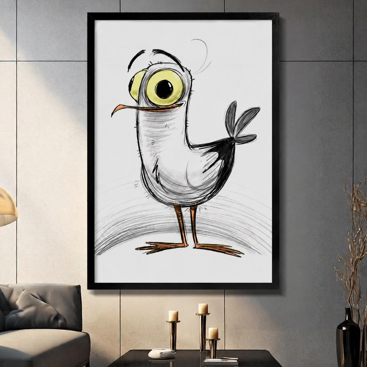 Quirky big-eyed bird art print in black frame displayed in modern living room, hand-drawn sketch style wall art