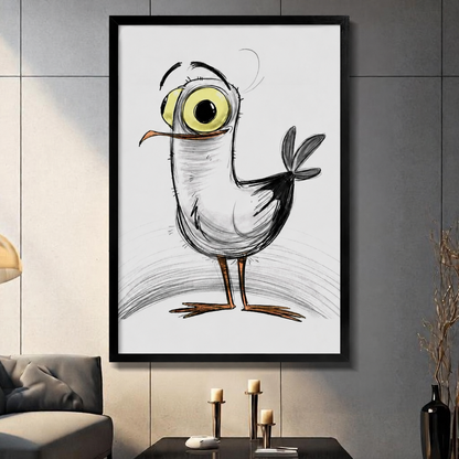 Quirky big-eyed bird art print in black frame displayed in modern living room, hand-drawn sketch style wall art