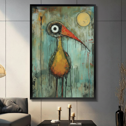 Framed quirky abstract bird wall art with oversized eye and long red beak, displayed in a moody living room setting